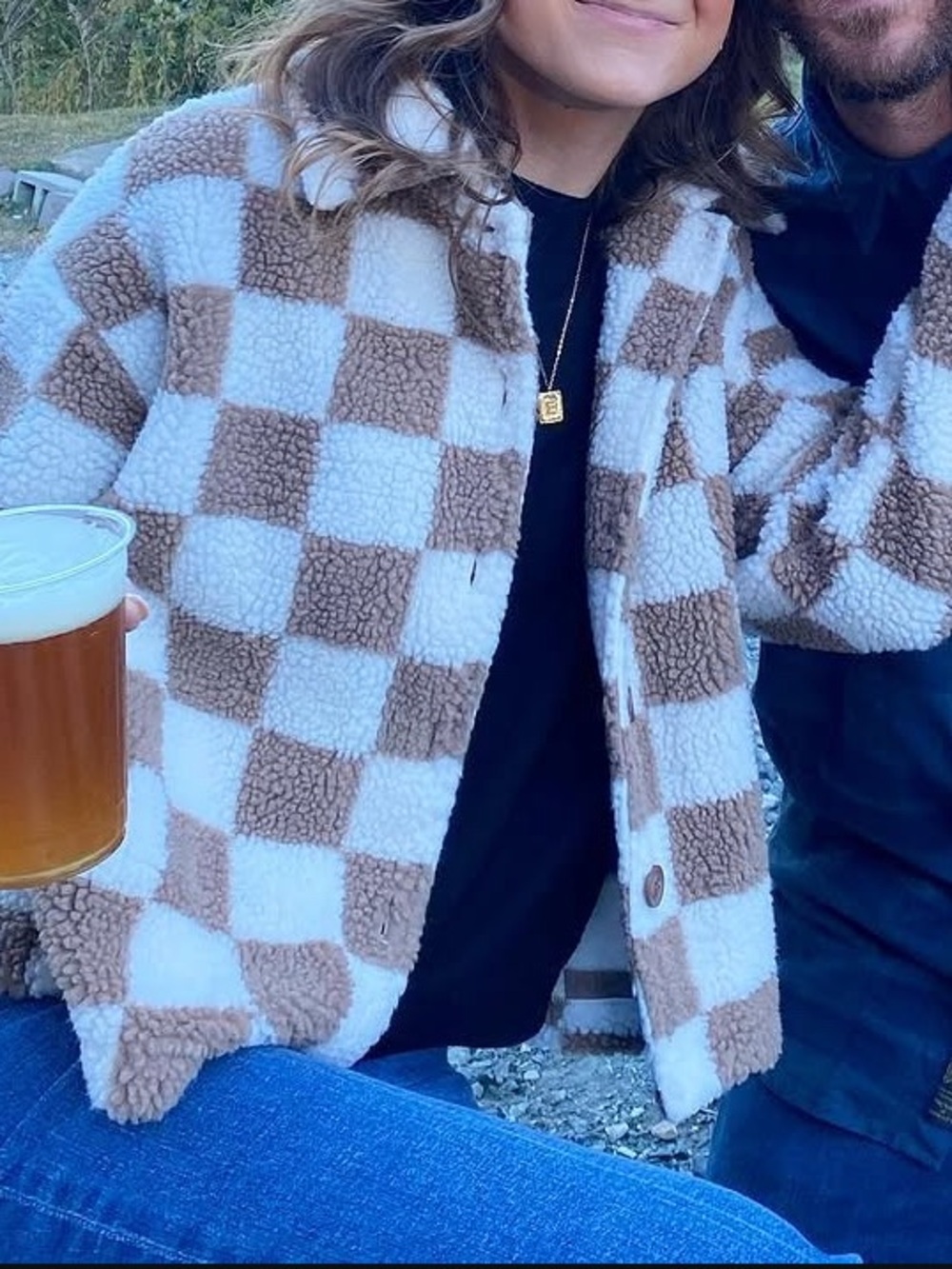 Blue Blush Checkerboard Teddy Jacket - Cream & Brown - Picture 1 of 3